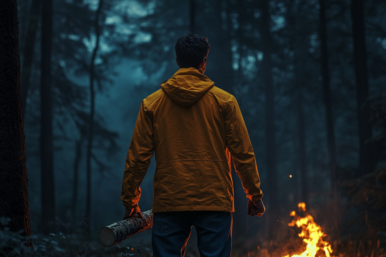 Un hombre sujetando un tronco frente a un bosque oscuro | Fuente: Midjourney