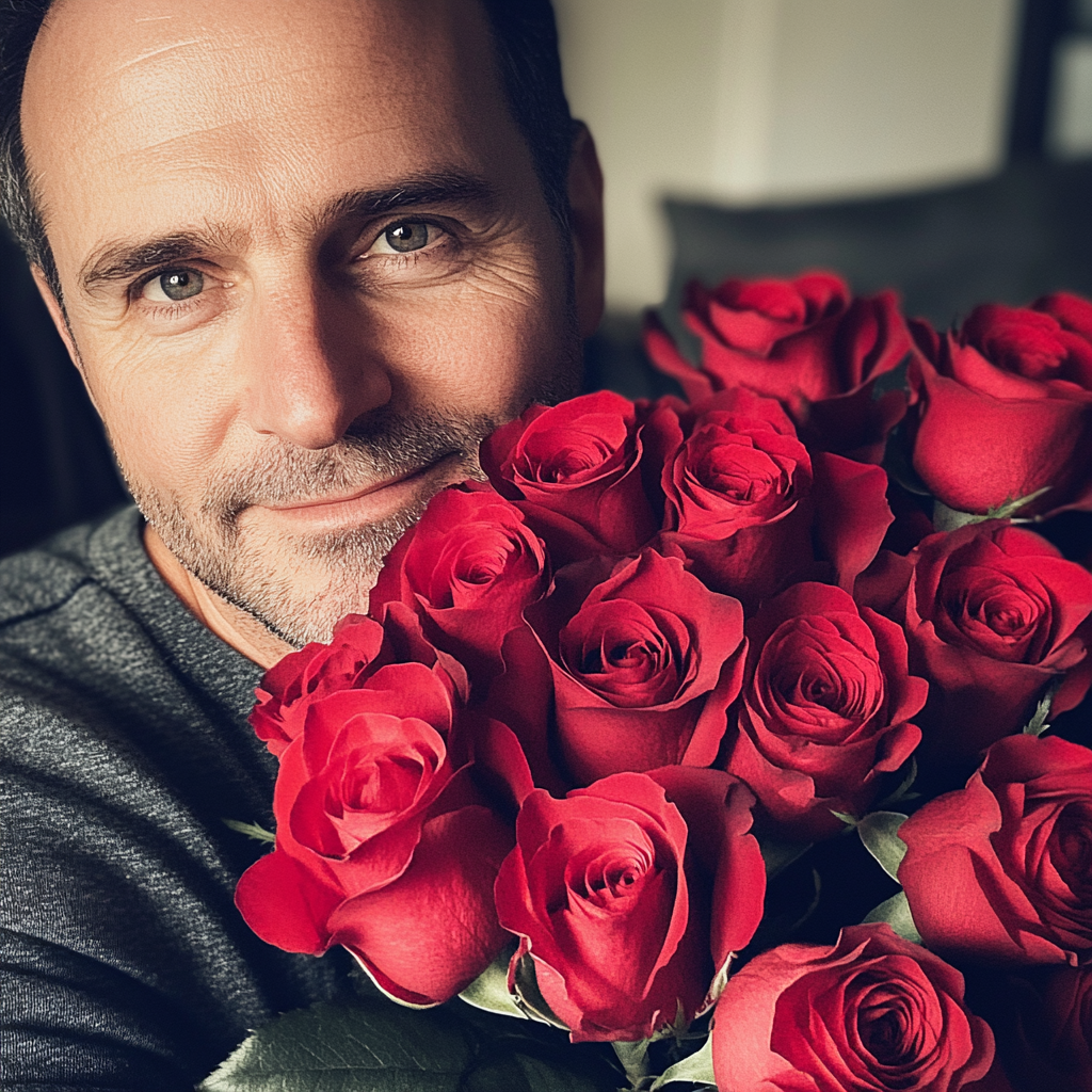 Un hombre con un ramo de rosas | Fuente: Midjourney