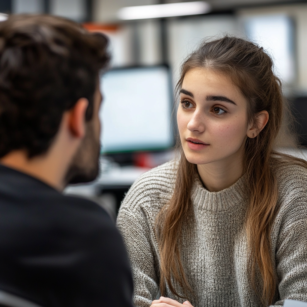 Una joven hablando con un técnico de laboratorio | Fuente: Midjourney