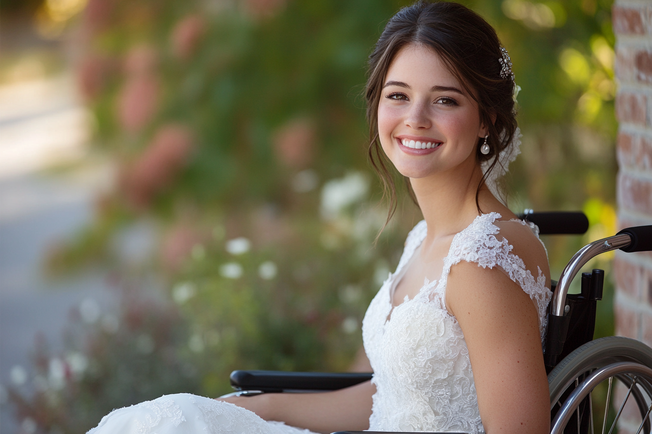 Una novia sonriente en silla de ruedas | Fuente: Midjourney