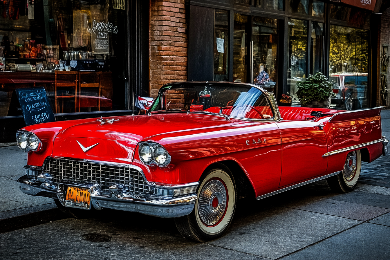 Un descapotable rojo de época en la calle | Fuente: Midjourney