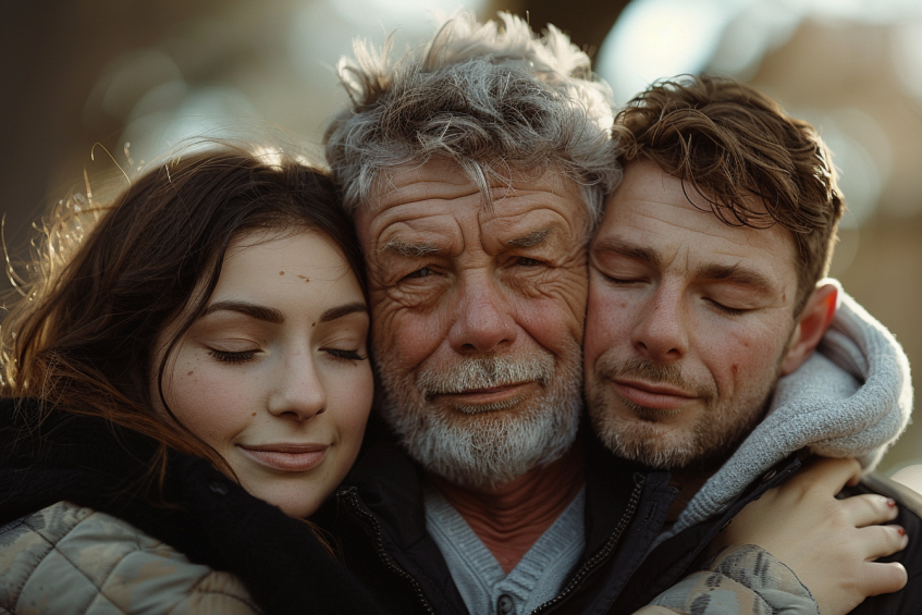 Una joven pareja abrazada por un hombre mayor | Fuente: Midjourney