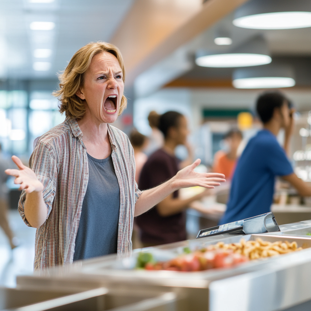 Una cajera de mediana edad enfadada gritando en la cafetería de una universidad | Fuente: Midjourney