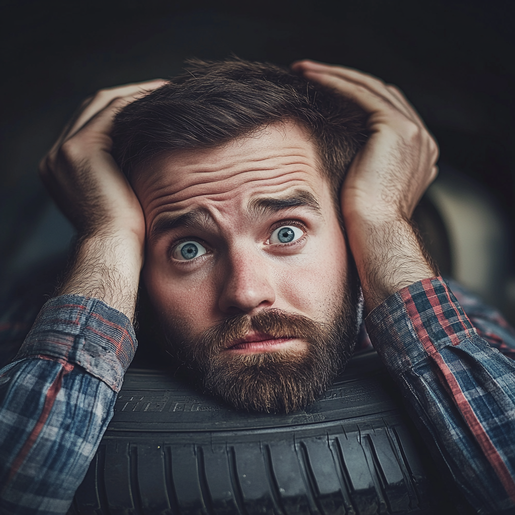 Un hombre con cara de preocupación con un neumático alrededor del cuello | Fuente: Midjourney