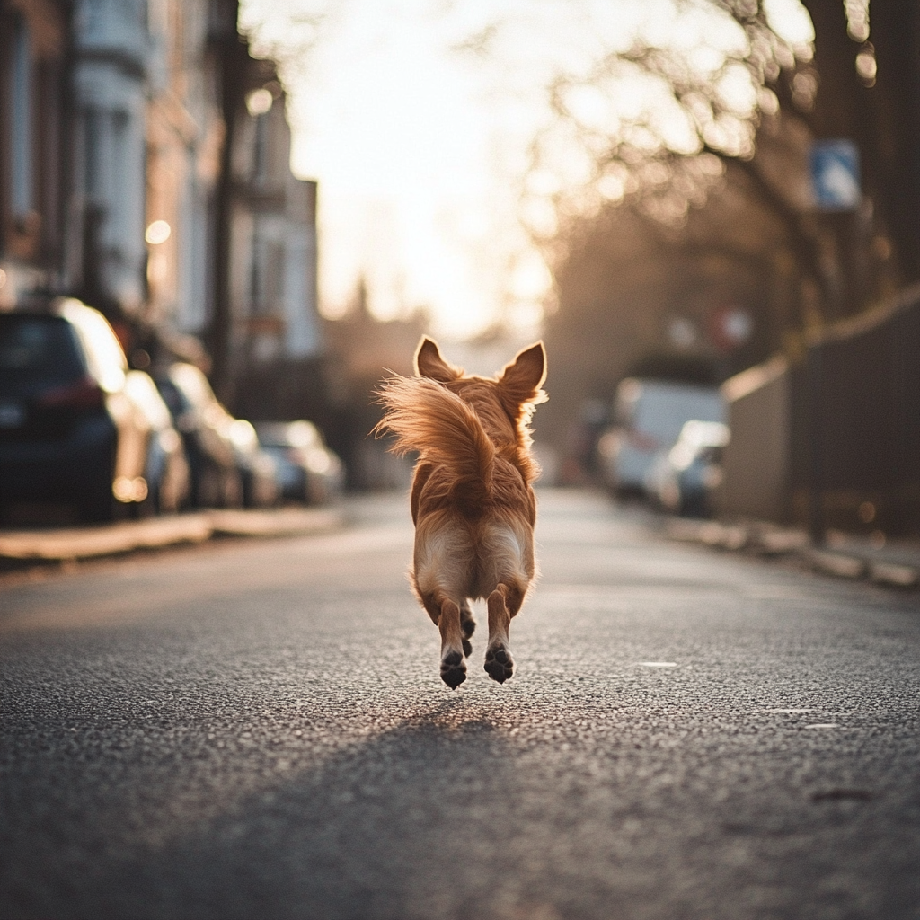 Un perro corriendo por una calle | Fuente: Midjourney