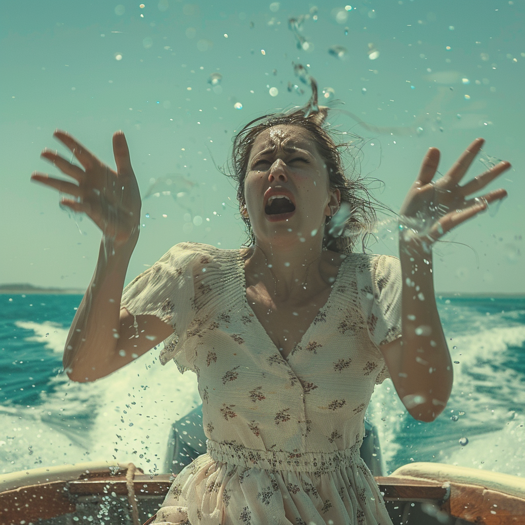 Una mujer alterada en un barco | Fuente: Midjourney