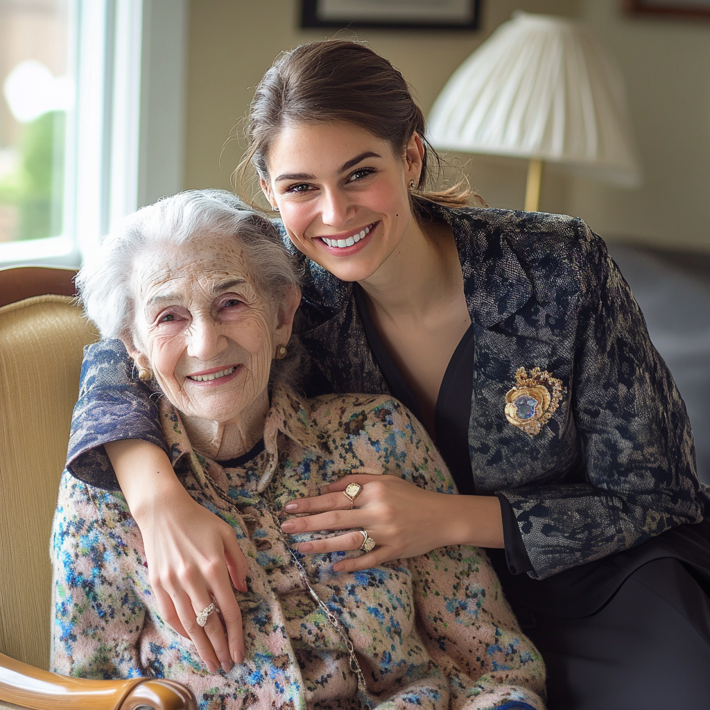 Una mujer elegantemente vestida abraza a una anciana en la habitación de una residencia | Fuente: Midjourney