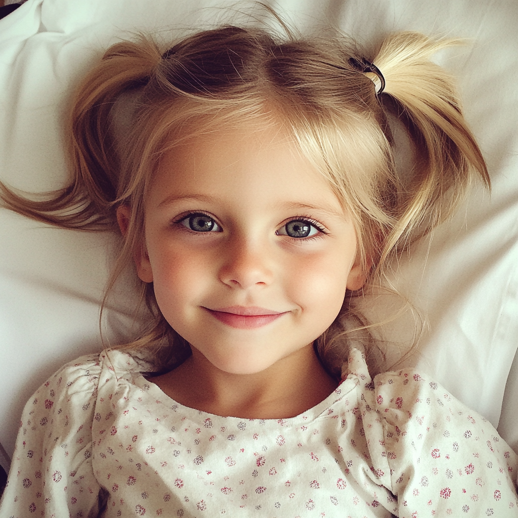 Una niña sonriente en una cama de hospital | Fuente: Midjourney