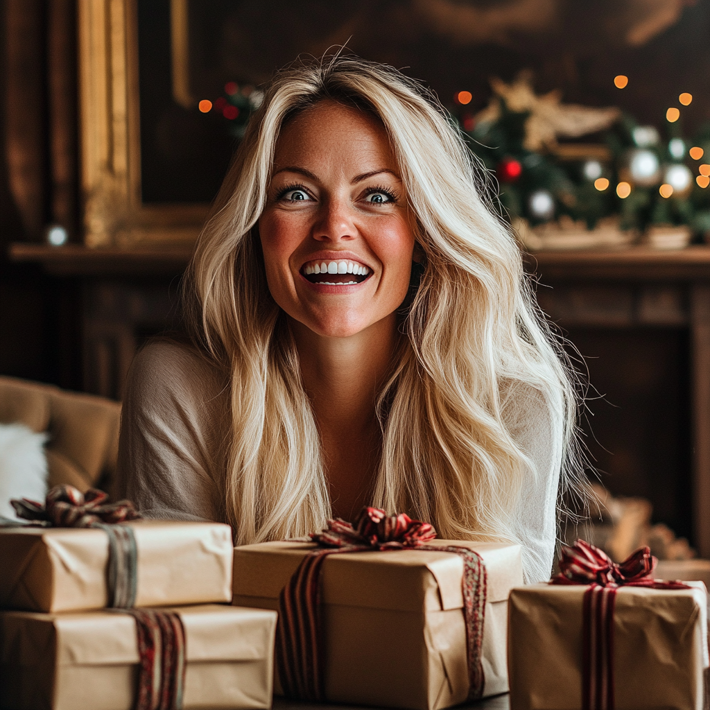 Una mujer alegre con un montón de cajas de regalo | Fuente: Midjourney