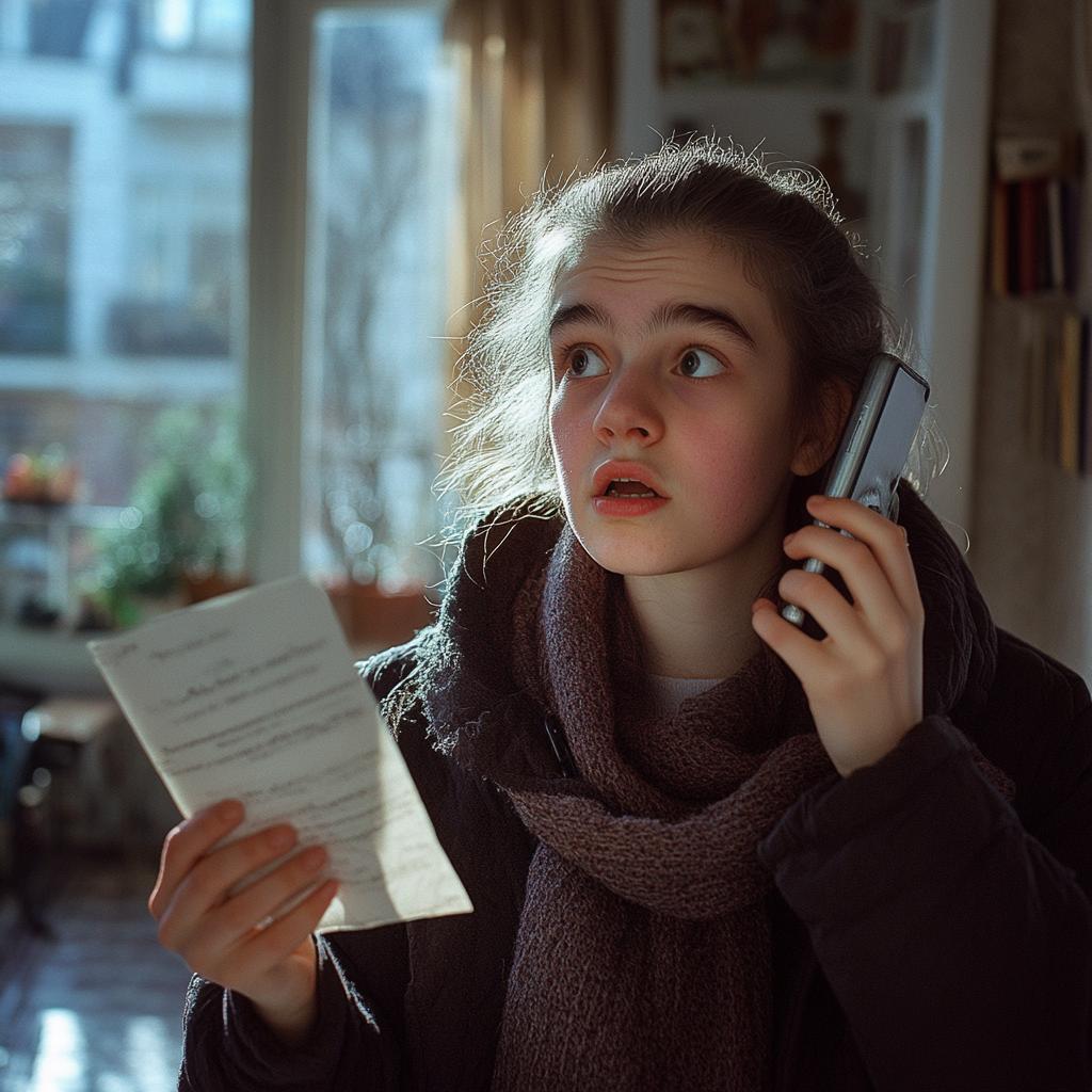 Una joven conmocionada sostiene una carta mientras llama a la policía | Fuente: Midjourney