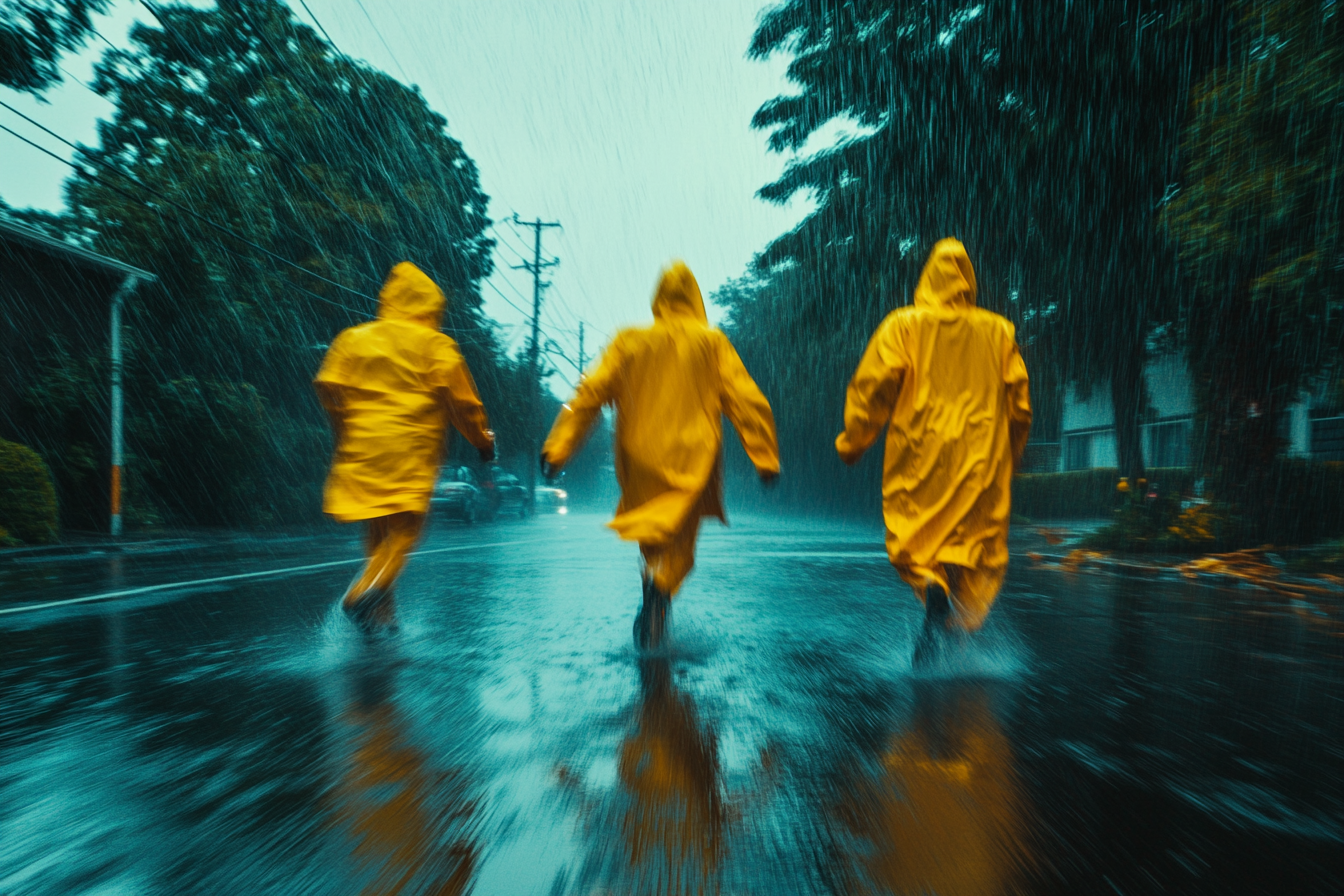 Tres personas caminando durante una fuerte tormenta | Fuente: Midjourney