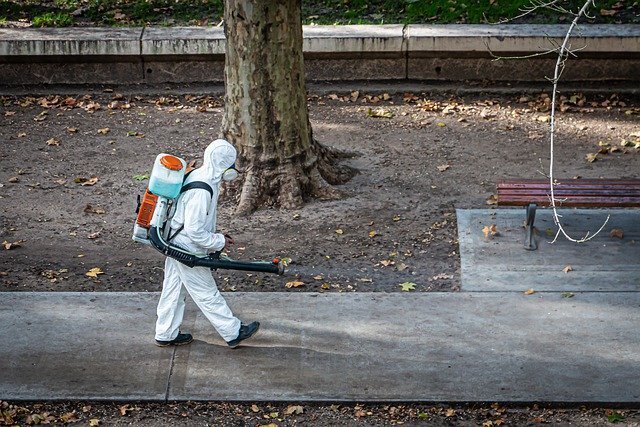 Persona con traje de bioseguridad fumigando las calles. | Foto: Pixabay