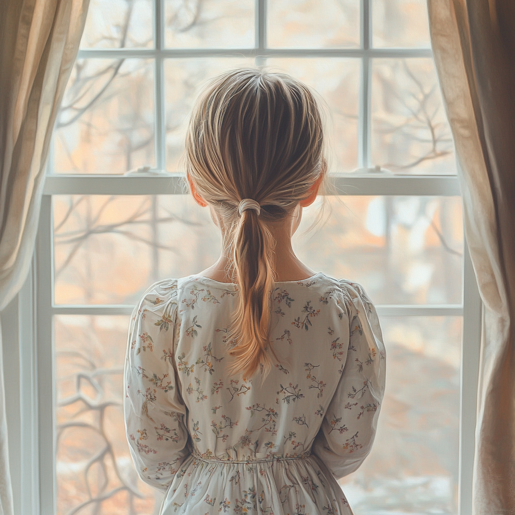 Una niña junto a una ventana | Fuente: Midjourney