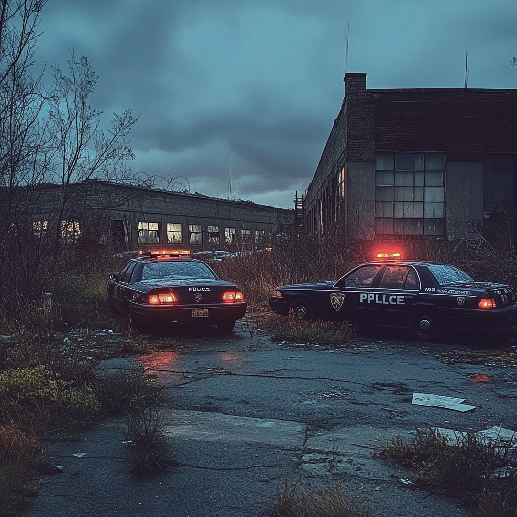 Automóviles de policía ante un edificio abandonado | Fuente: Midjourney