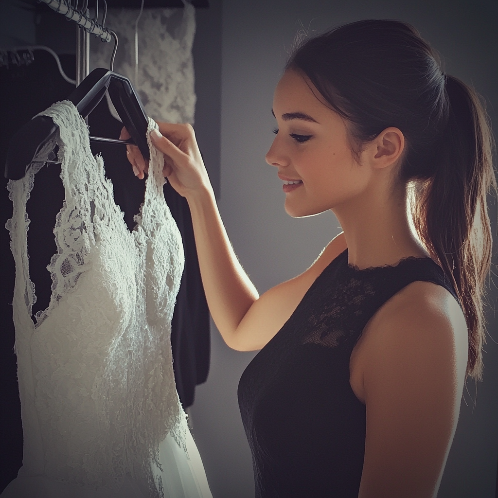 Una vendedora sujetando un vestido de novia | Fuente: Midjourney