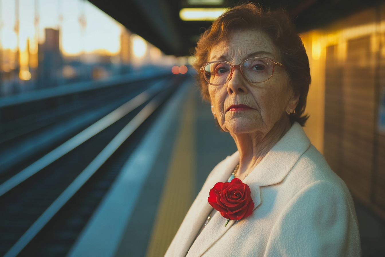 Una mujer mayor esperando en una estación de tren con una chaqueta blanca con una rosa roja en la solapa | Fuente: Midjourney