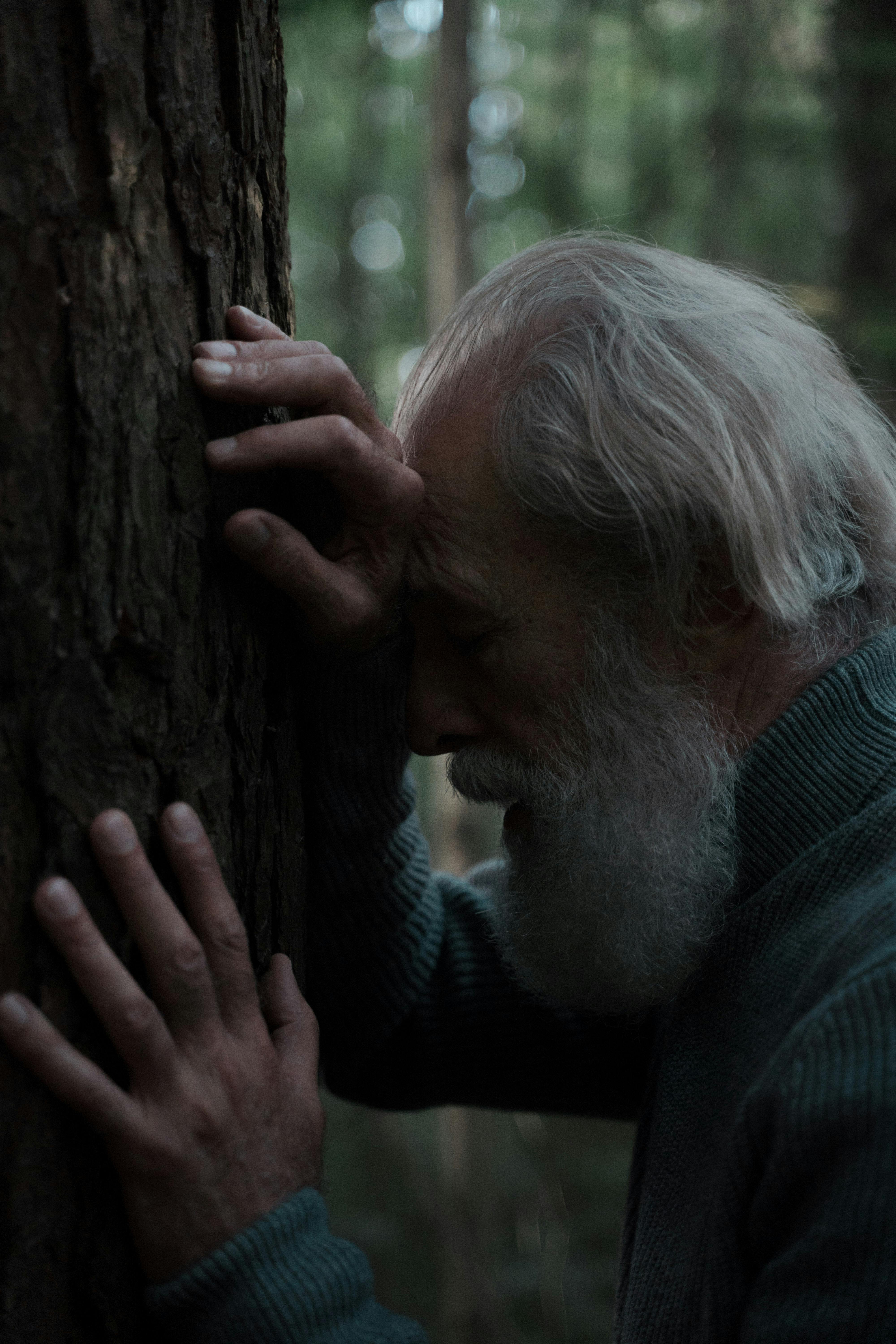 Un hombre triste apoyado en el tronco de un árbol | Fuente: Pexels