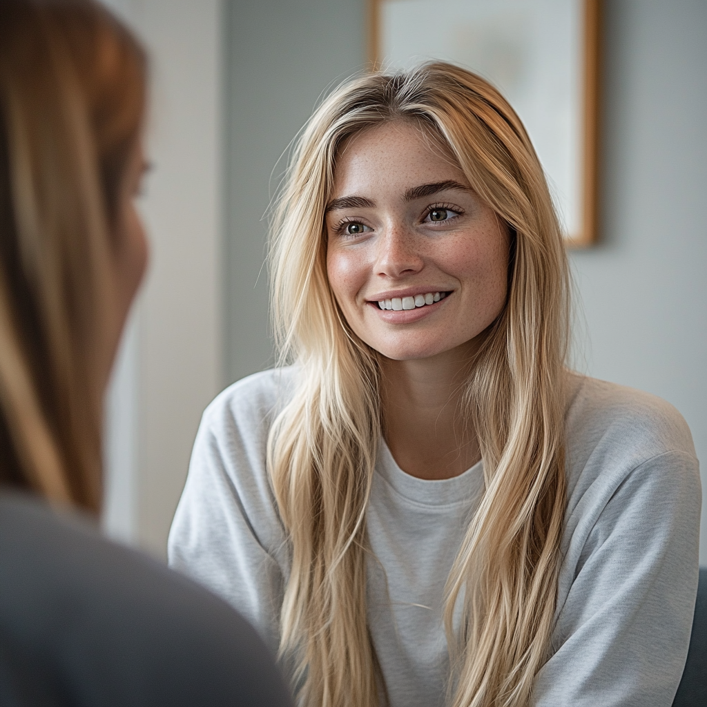 Primer plano de una mujer hablando con un psicoterapeuta | Fuente: Midjourney