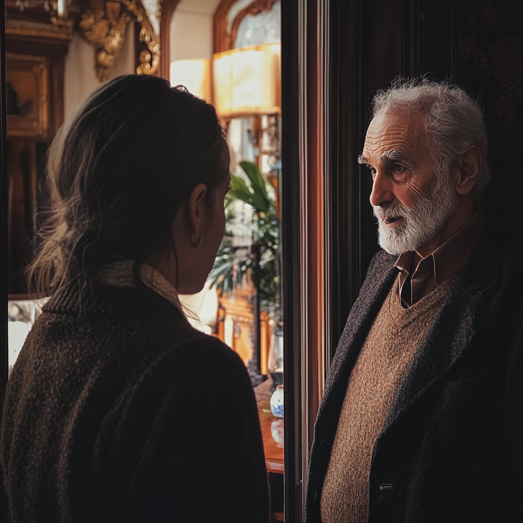 Un hombre mayor y una mujer joven manteniendo una conversación | Fuente: Midjourney