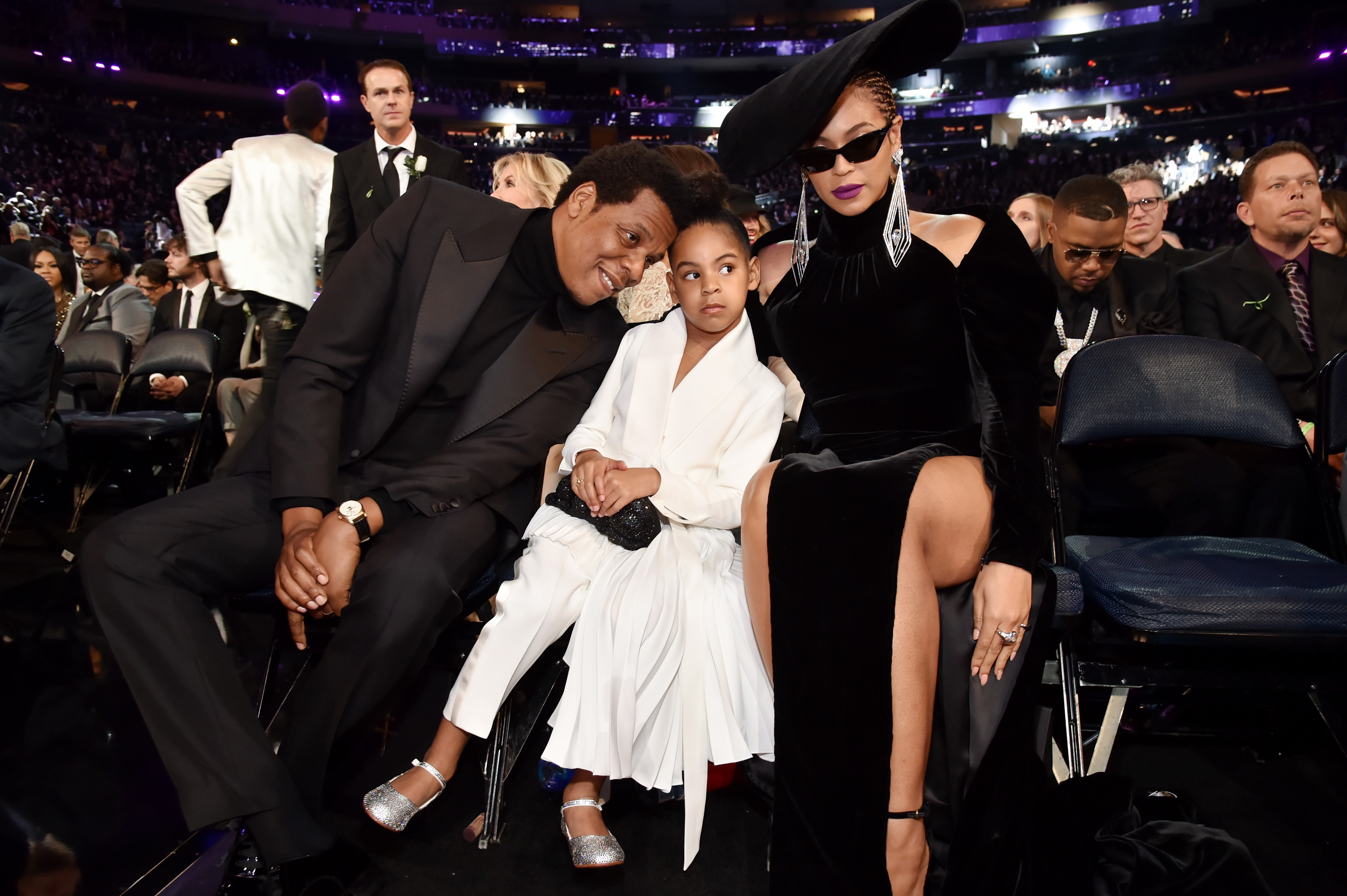 Jay-Z, Blue Ivy Carter y Beyonce asisten a la 60ª edición de los Premios Grammy el 28 de enero de 2018, en Nueva York. | Fuente: Getty Images