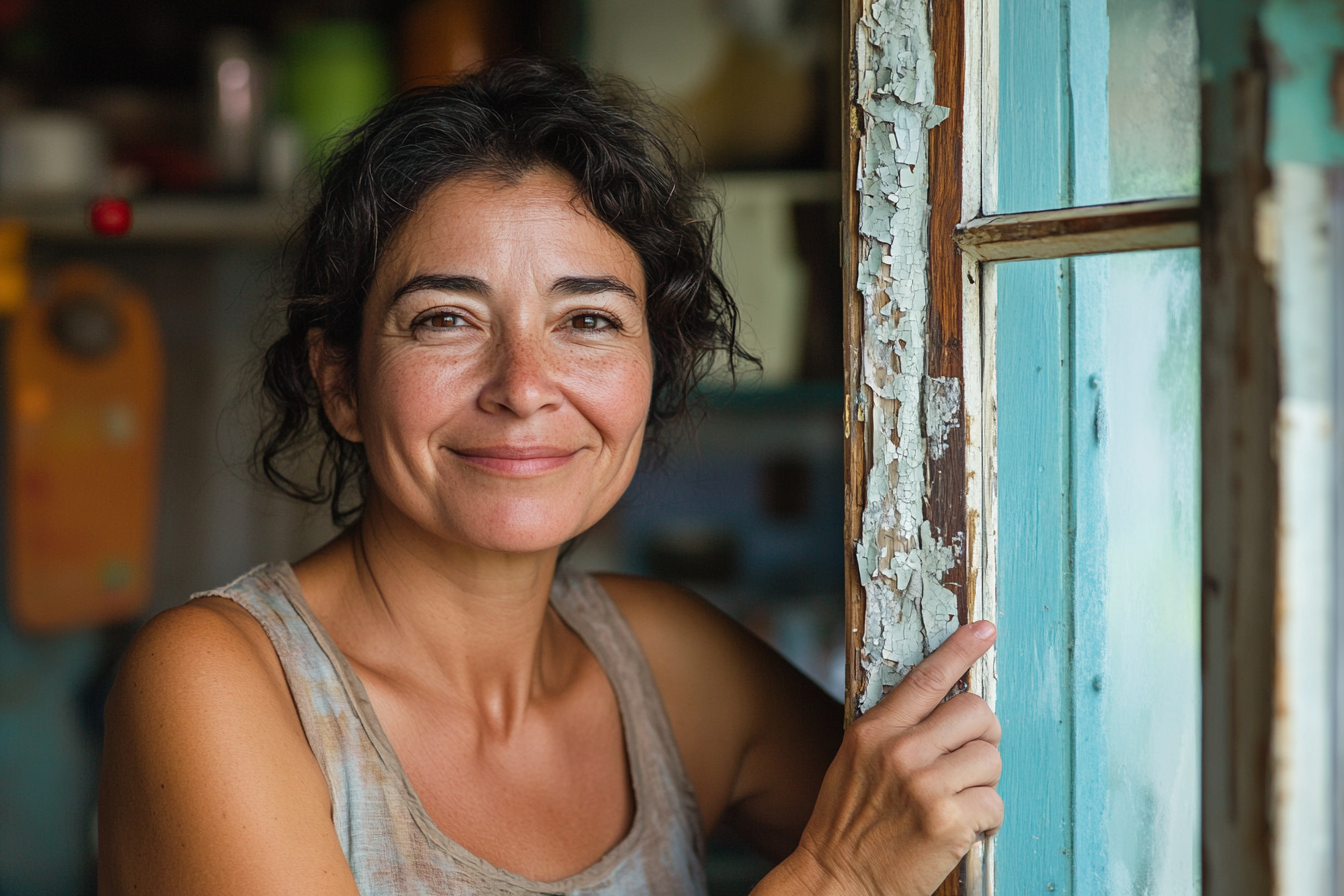 Una mujer sonríe orgullosa junto al marco de una ventana con pintura desconchada | Fuente: Midjourney