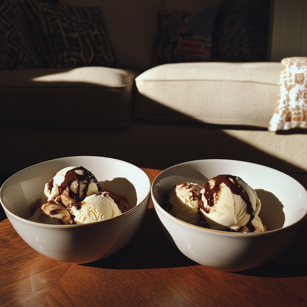 Cuencos de helado sobre una mesa de café | Fuente: Midjourney