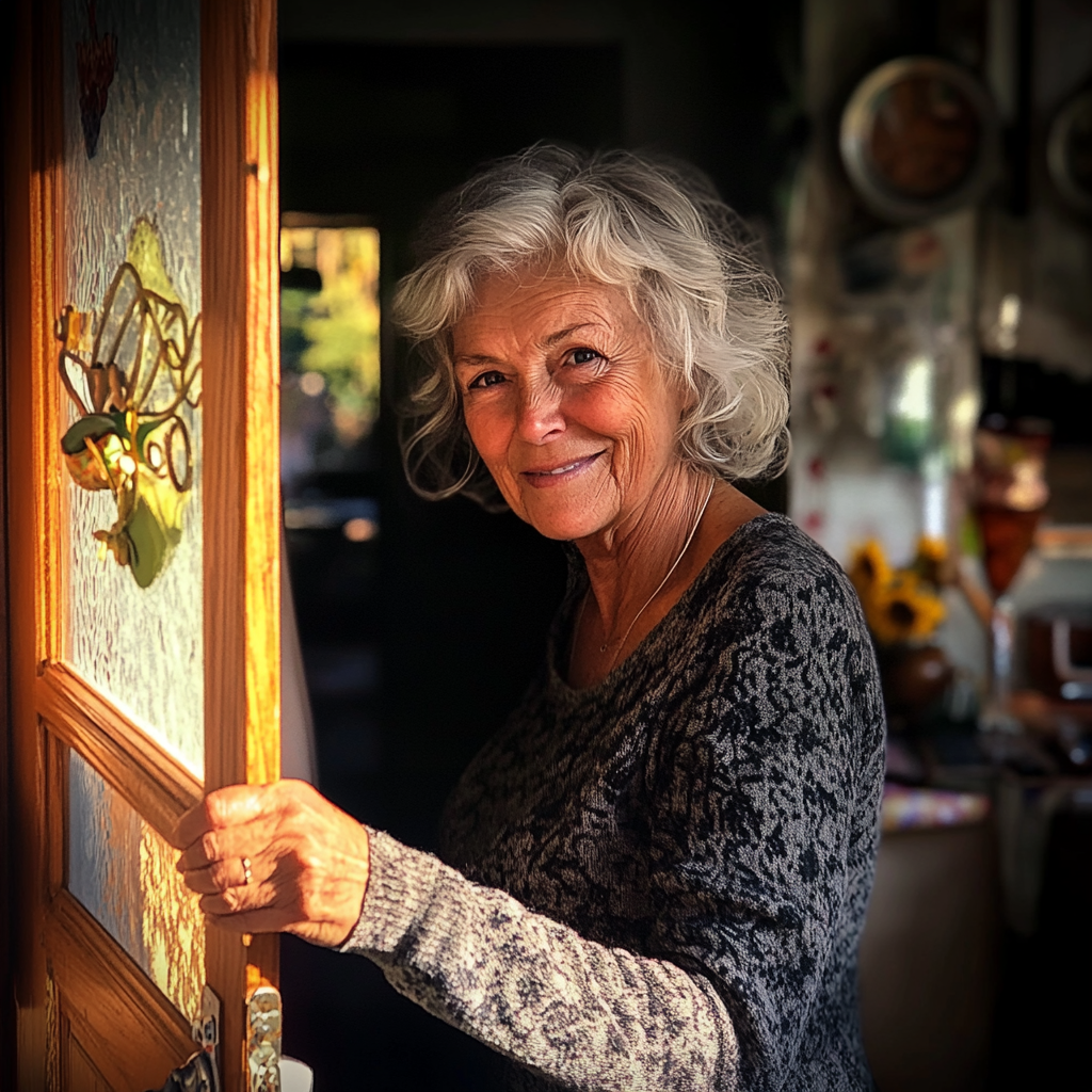 Mujer mayor abriendo su puerta | Fuente: Midjourney