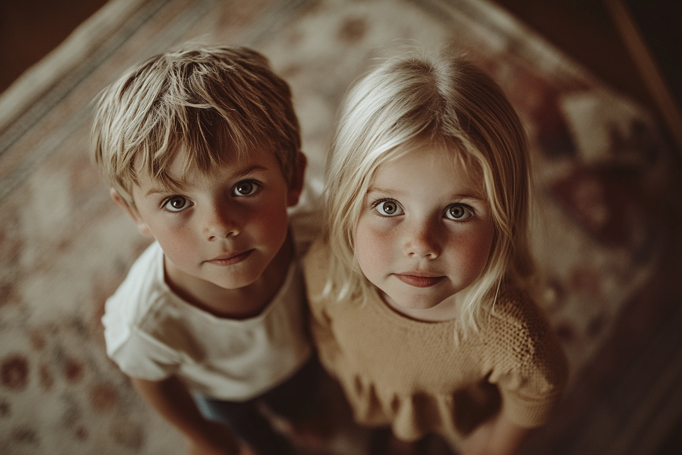 Un niño y una niña, gemelos, mirando hacia arriba con expresiones curiosas en un salón | Fuente: Midjourney