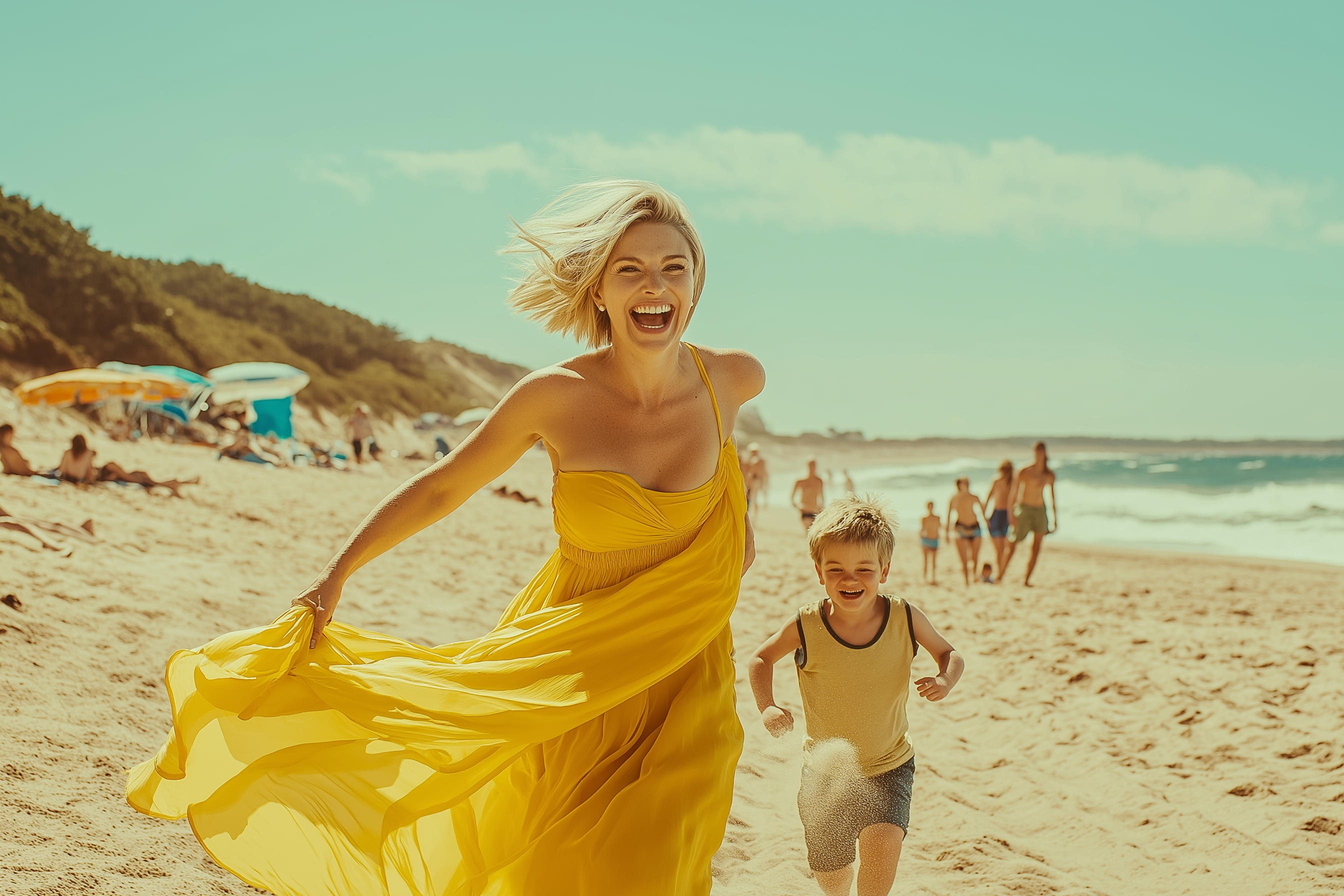 Una madre y su hijo corriendo en la playa | Fuente: Midjourney