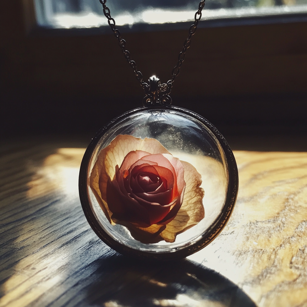 Una flor prensada en un medallón de cristal | Fuente: Midjourney