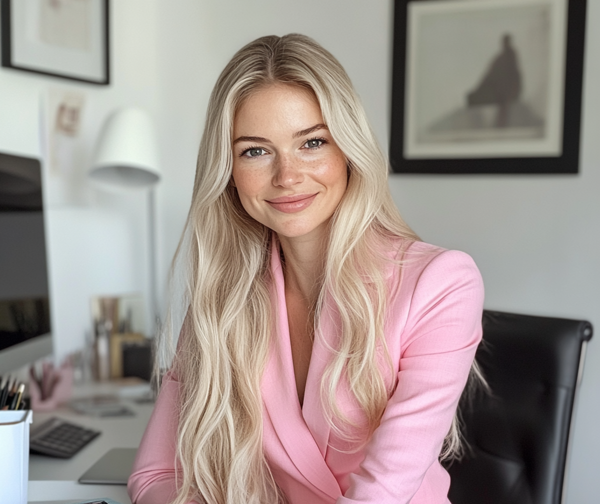 Una mujer sonriente con un traje rosa | Fuente: Midjourney