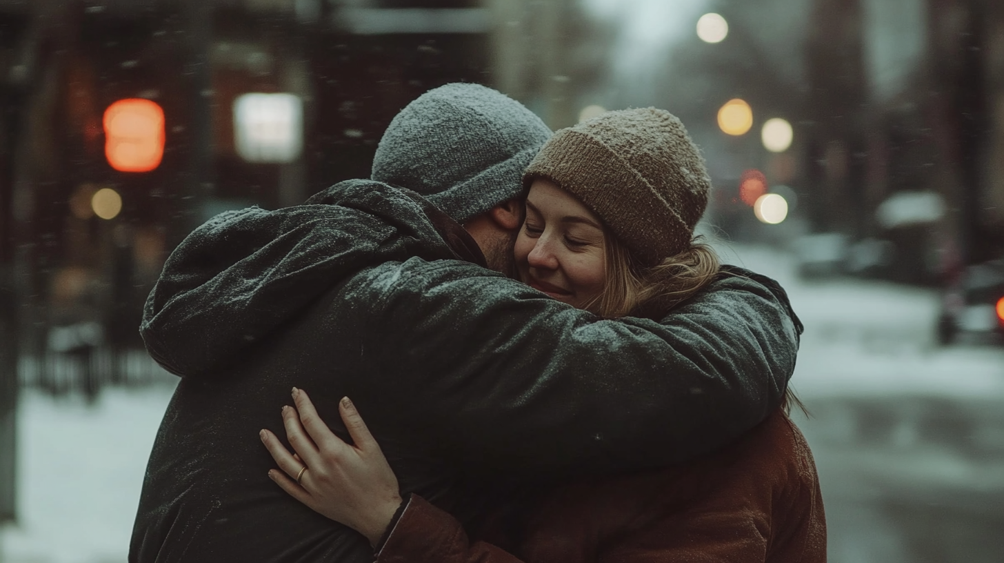 Hombre abraza a una mujer en la calle | Fuente: Midjourney