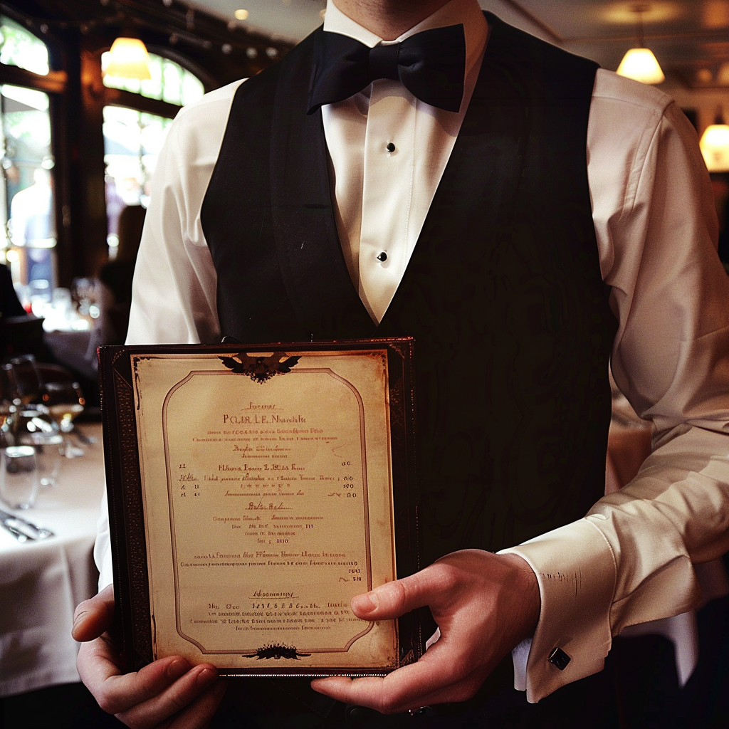 Un camarero con un menú en la mano | Fuente: Midjourney