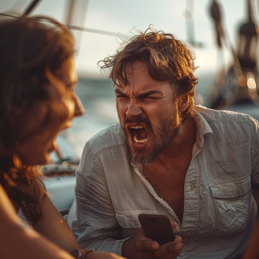 Un hombre alterado grita a una mujer mientras sujeta el teléfono en un barco | Fuente: Midjourney