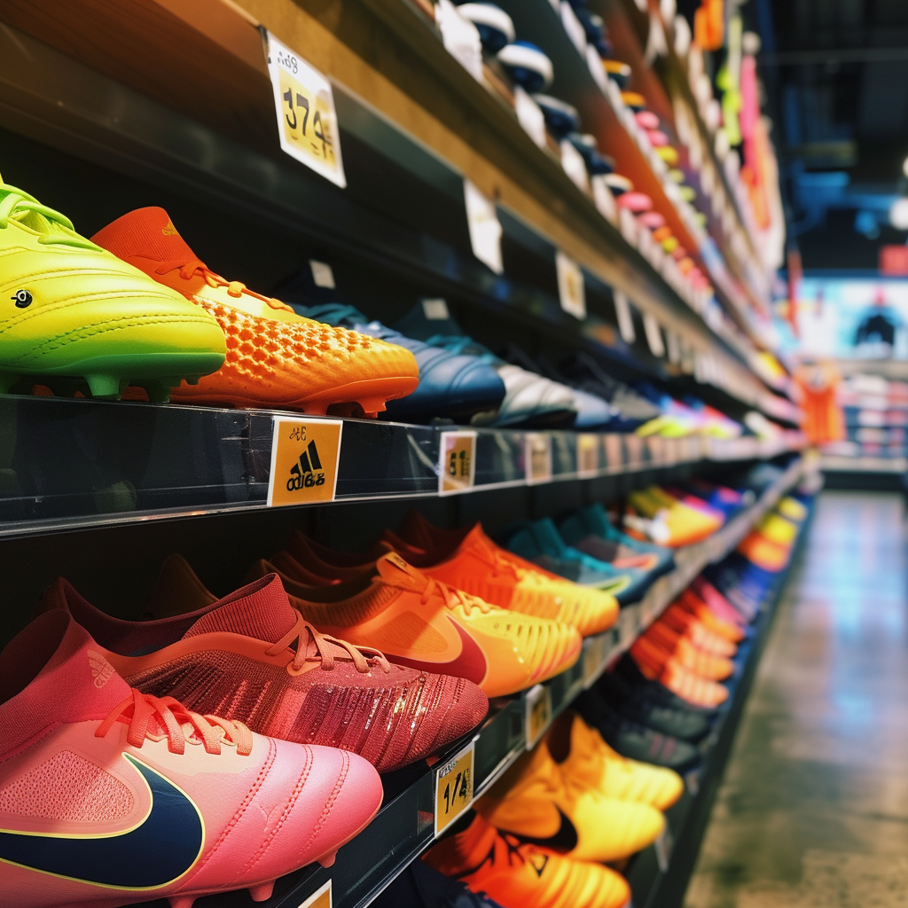 Una hilera de botas de fútbol para niños en una tienda | Fuente: Midjourney