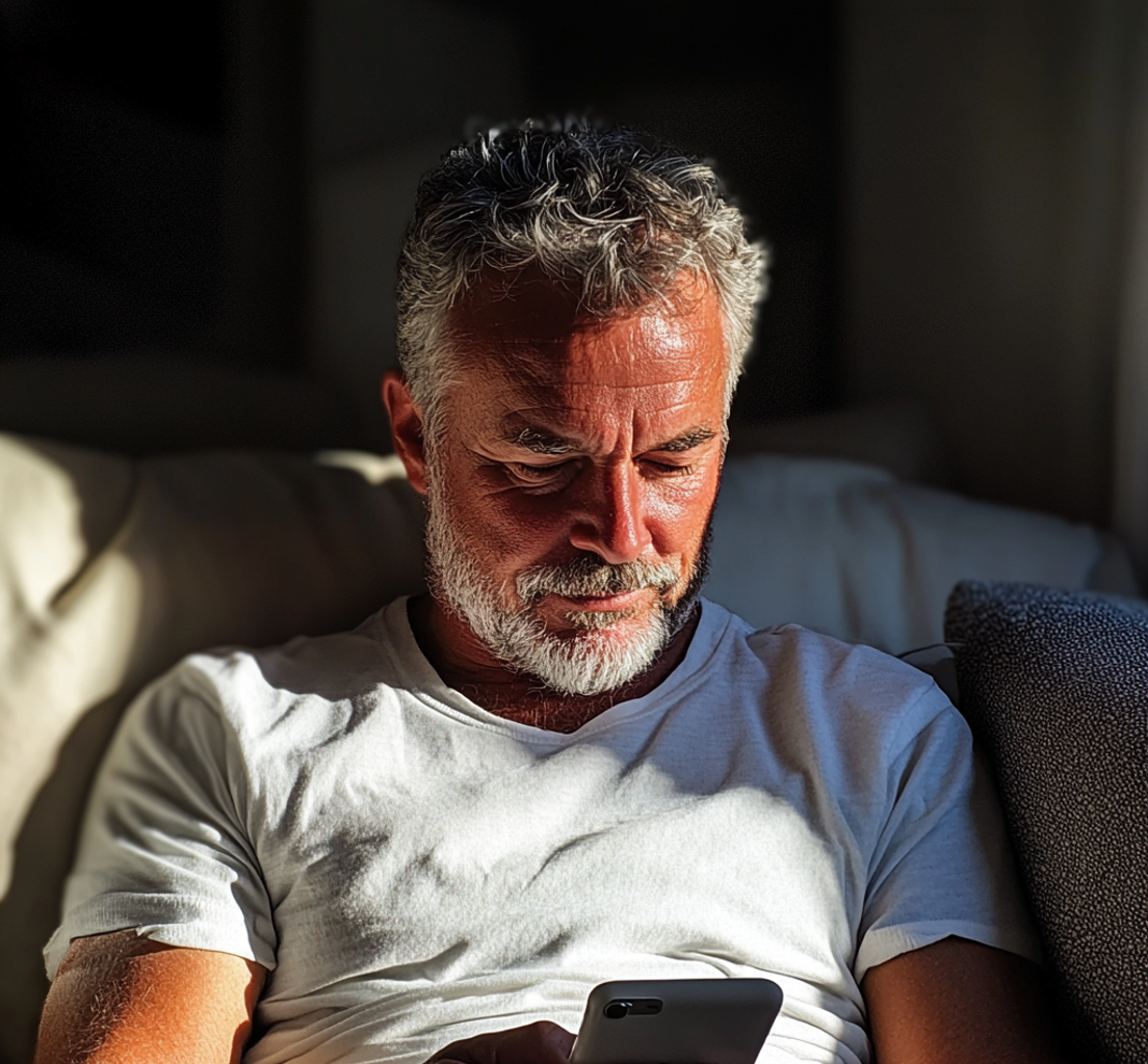 Un hombre sentado en un sofá y utilizando su teléfono | Fuente: Midjourney