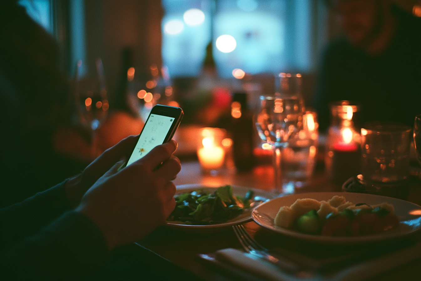 Una persona sentada a la mesa de una cena romántica, con un teléfono en la mano | Fuente: Midjourney