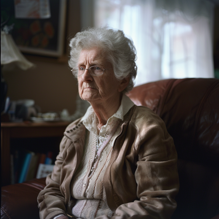 Una abuela sentada sola con aspecto abatido | Fuente: Midjourney