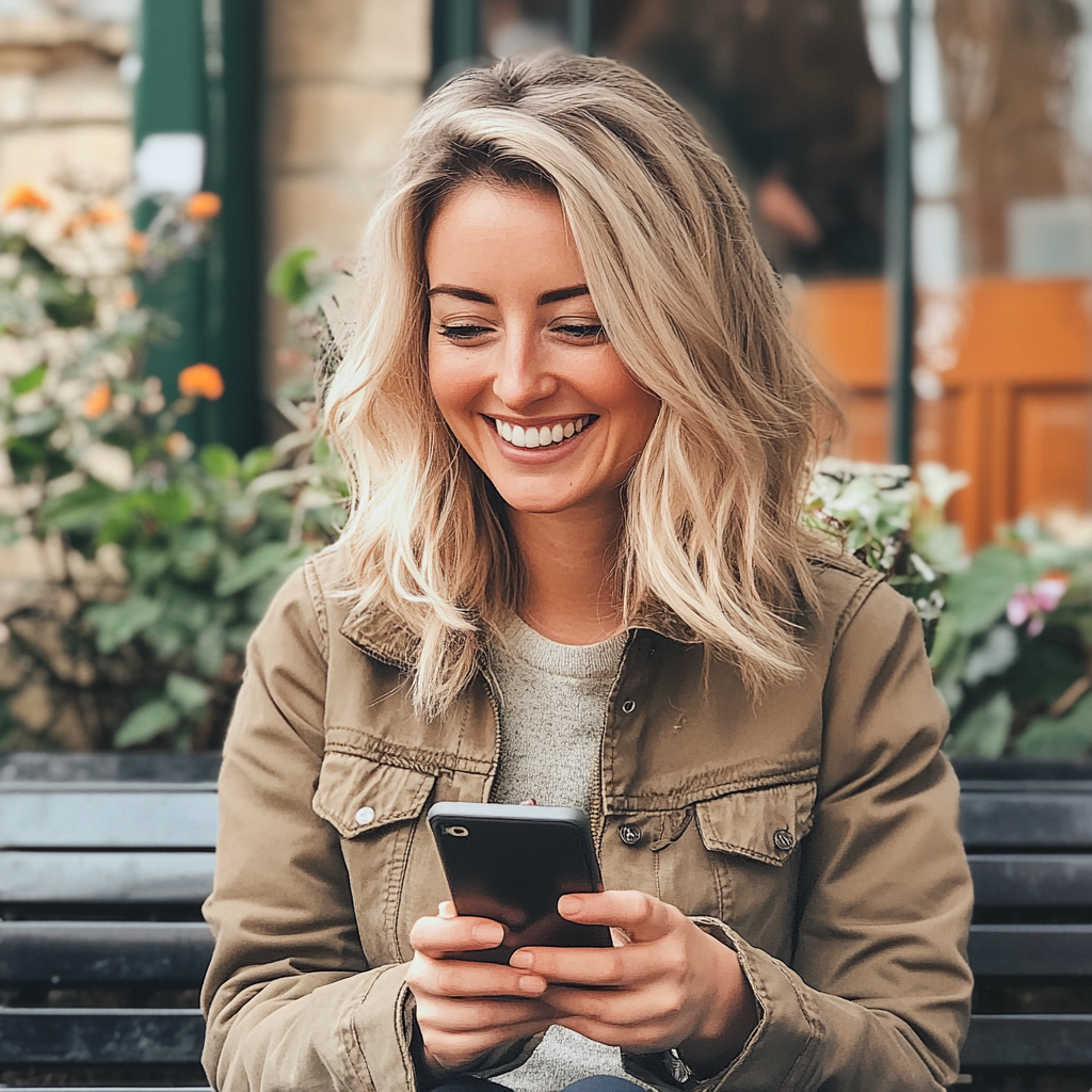 Una mujer sentada en un banco y enviando mensajes de texto | Fuente: Midjourney