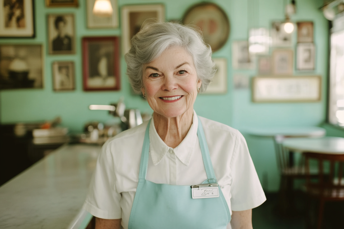 Mujer mayor con uniforme de camarera en una cafetería y una sonrisa amable | Fuente: Midjourney