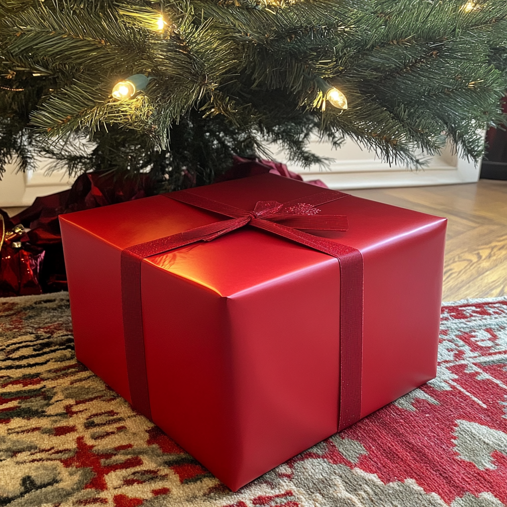 Caja de regalo roja bajo un árbol de Navidad | Fuente: Midjourney