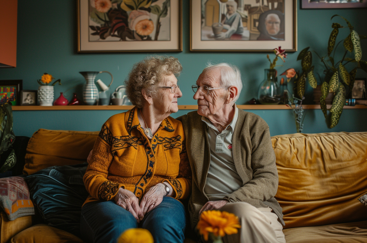 Pareja de ancianos compartiendo una mirada | Fuente: MidJourney