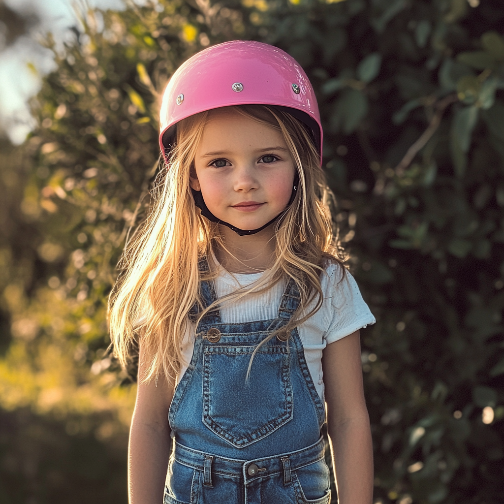 Una niña con un casco rosa | Fuente: Midjourney