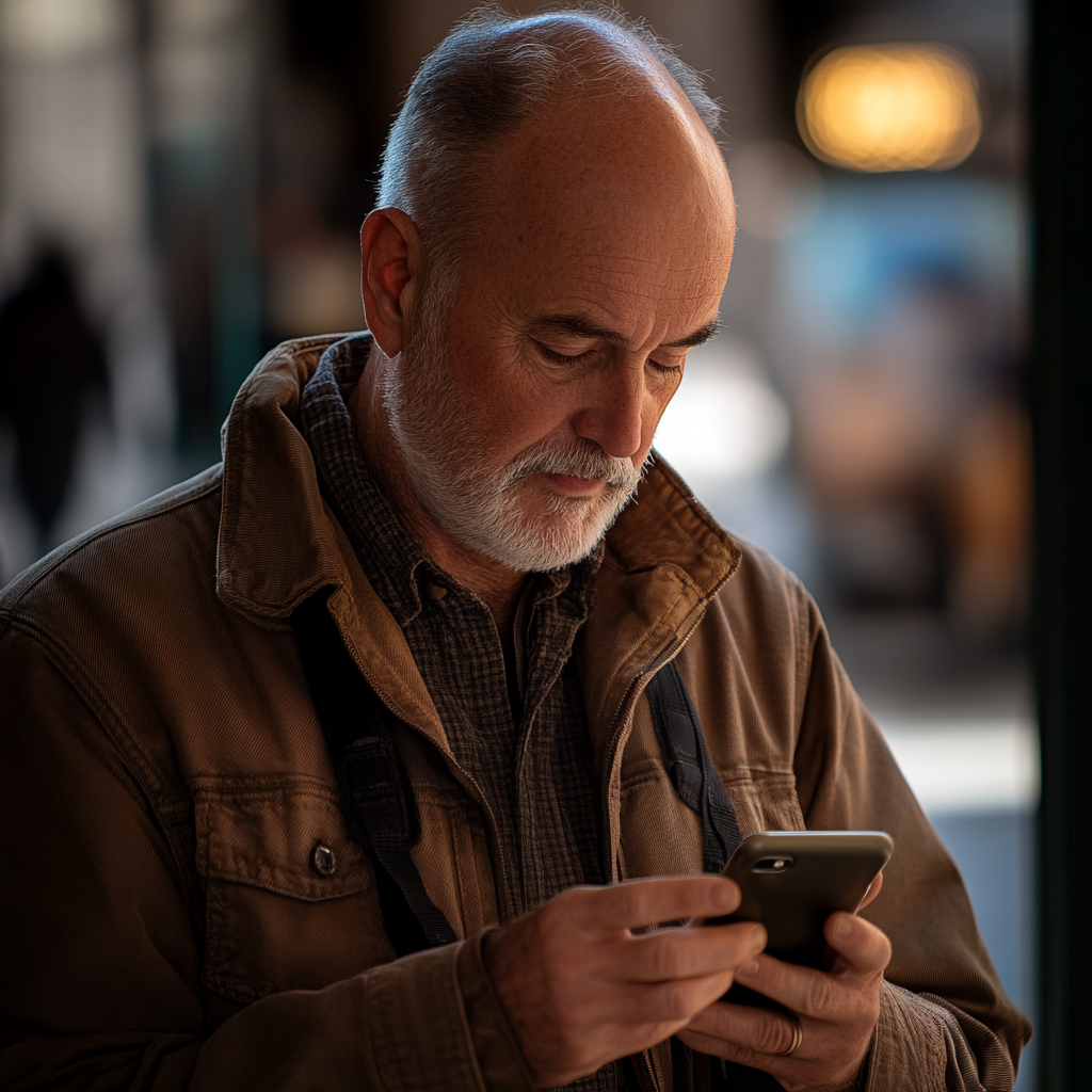 Un hombre de mediana edad escribiendo en su teléfono | Fuente: Midjourney