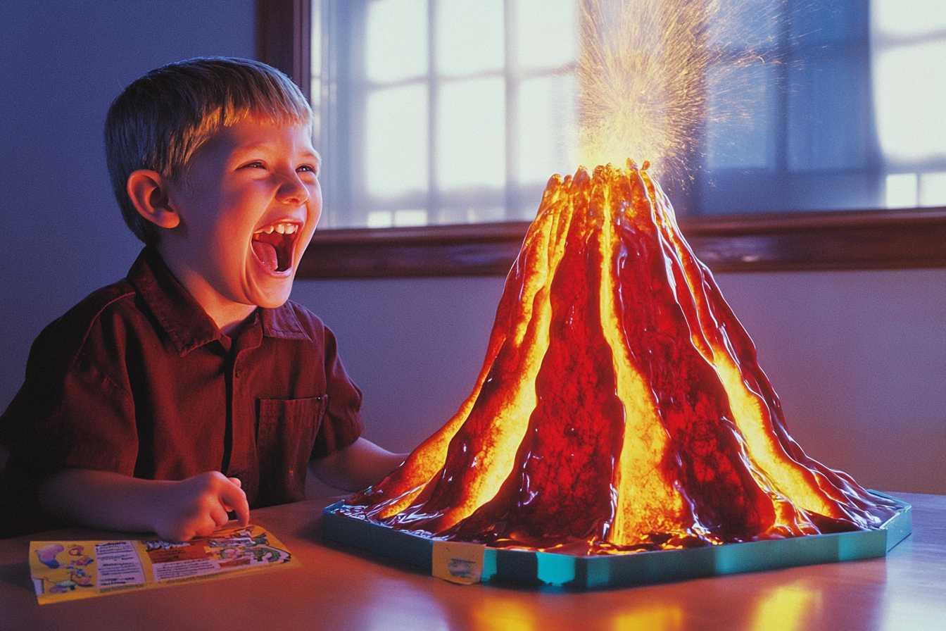 Un niño ríe mientras el volcán de un proyecto de ciencias entra en erupción sobre una mesa del salón | Fuente: Midjourney