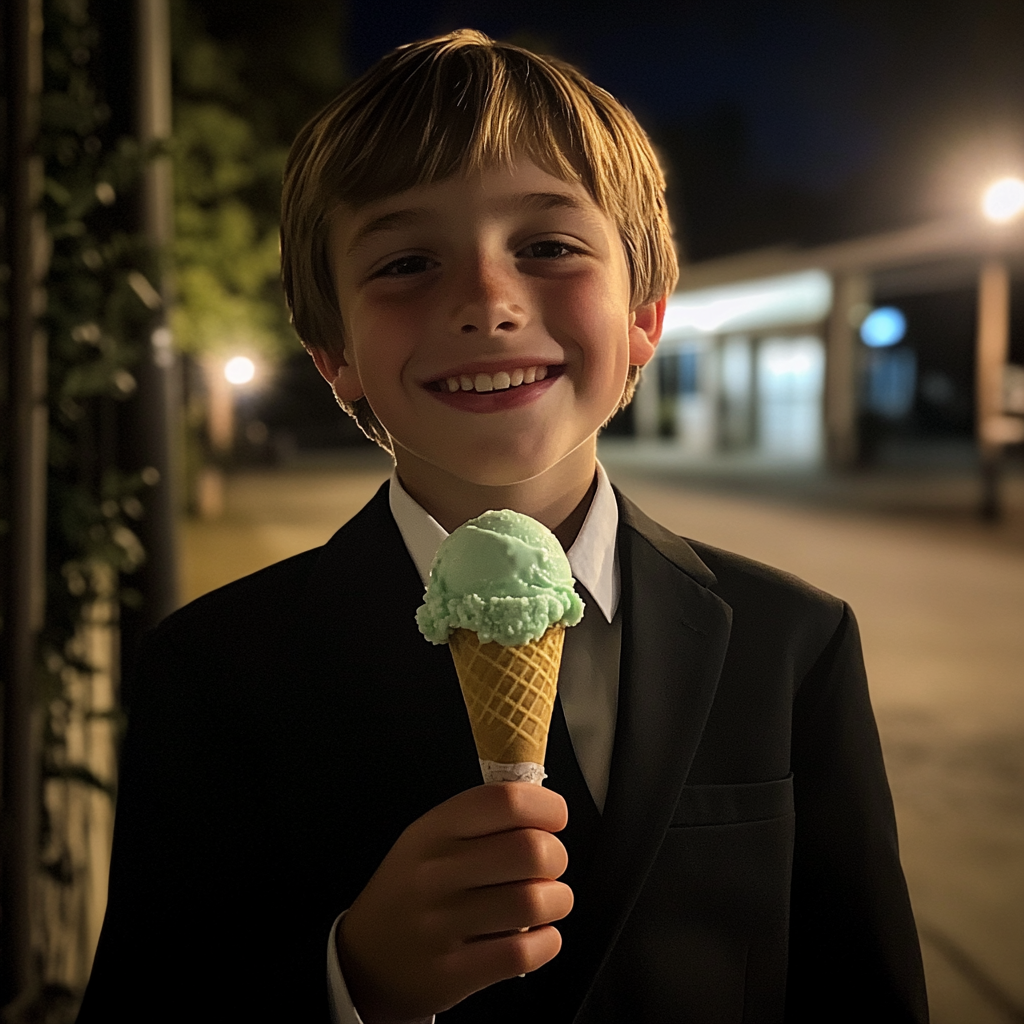 Un niño con un cucurucho de helado en la mano | Fuente: Midjourney