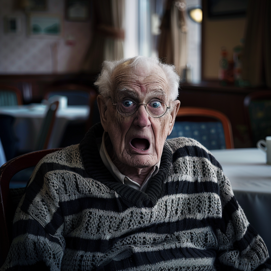 Un anciano muy conmocionado en la cafetería de una residencia | Fuente: Midjourney