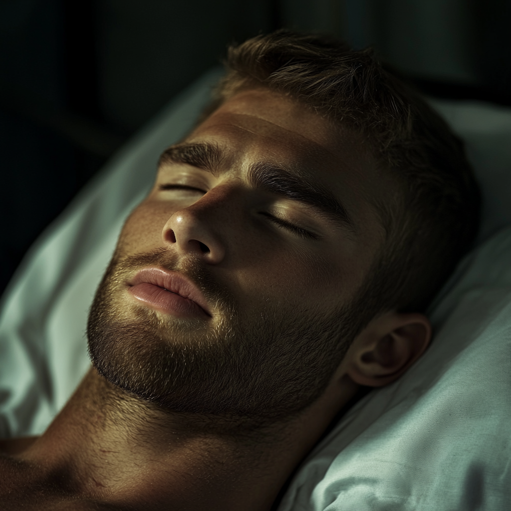 Primo piano di un uomo che giace immobile in un letto d'ospedale | Fonte: Midjourney