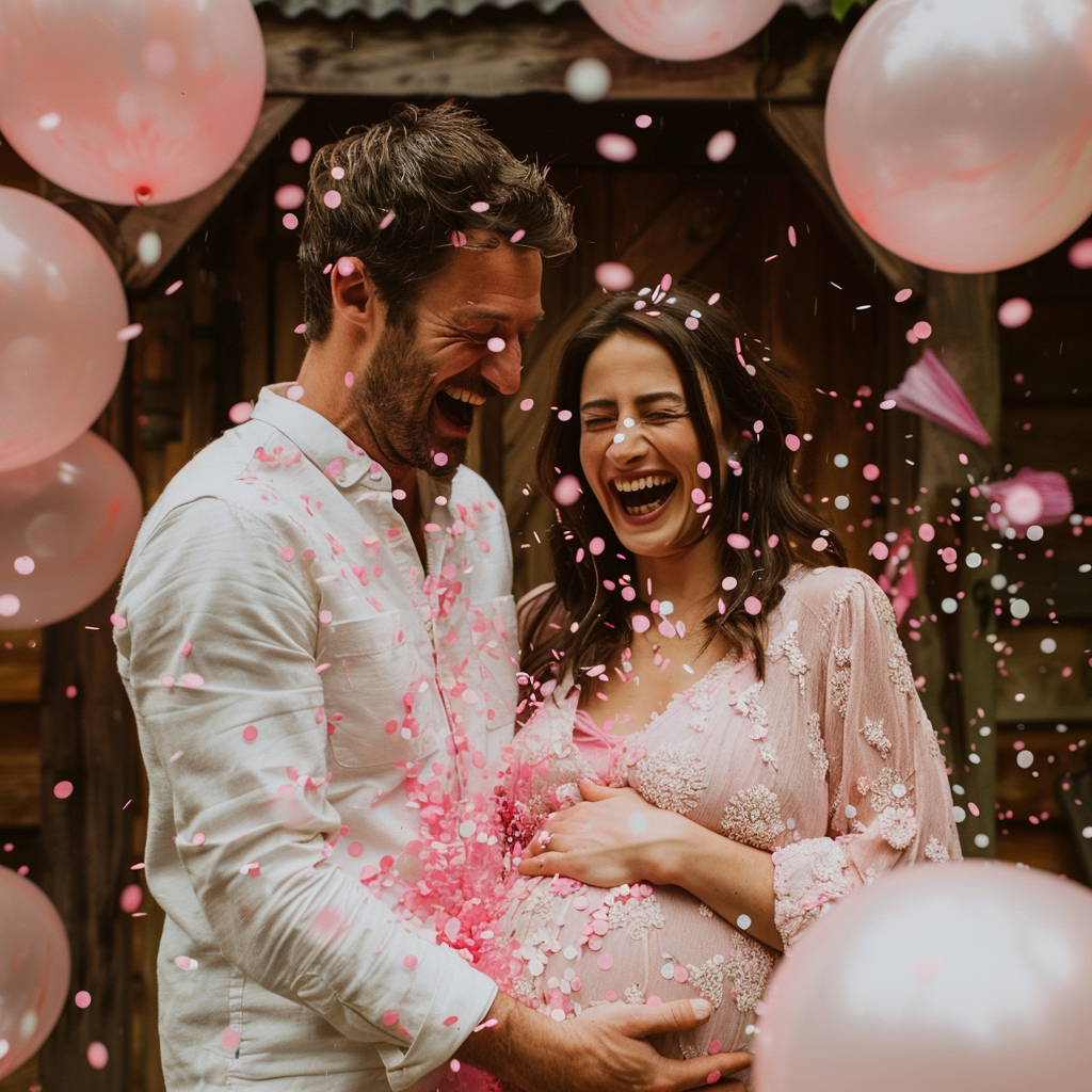 Una pareja embarazada se alegra mientras el confeti rosa llena el aire | Fuente: Midjourney