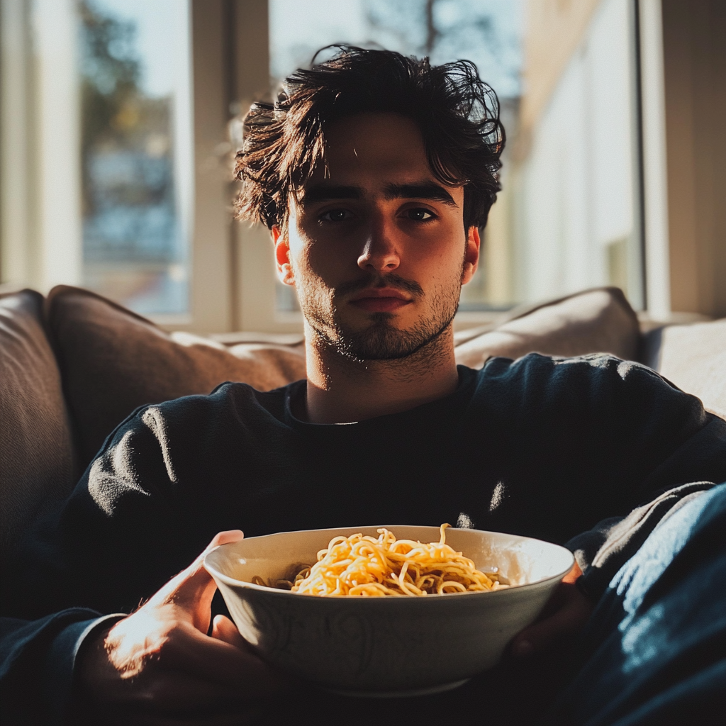 Un hombre sentado en un sofá con un cuenco de fideos | Fuente: Midjourney